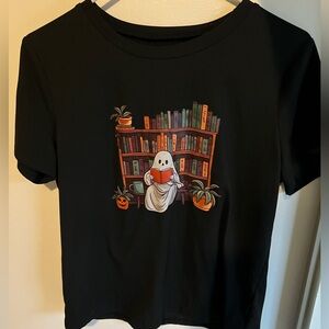 Black T-Shirt with Ghost and Bookshelf Design